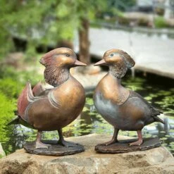 Entenpärchen Aus Wetterfester Bronze - Farbig - Mandarin-Enten
