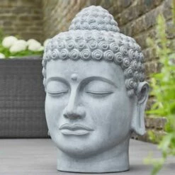 Gartendeko Buddha Kopf Aus Polystone - Zement Optik - Apricale