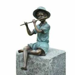 Junge Mit Flöte - Bronzefigur Mit Patina Türkis - Paulo