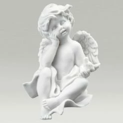 Kleiner Sitzender Himmelsbote Aus Marmorguss - Träumender Engel