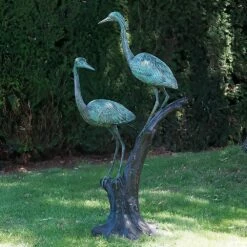 Lebensgroße Vogelskulptur 2 Reiher Aus Bronze Sitzen Auf Baum - Reiherpaar