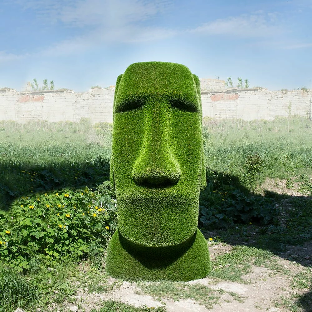 Moai Kopf Gartenfigur - Topiary - GFK & Kunstrasen - Idukan 3 Moai Kopf Gartenfigur - Topiary - GFK & Kunstrasen - Idukan