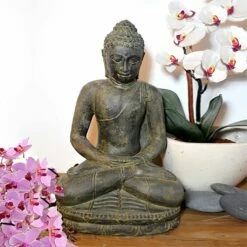 Steinfigur Buddha Sitzend Aus Antik Steinguss - Bundashra