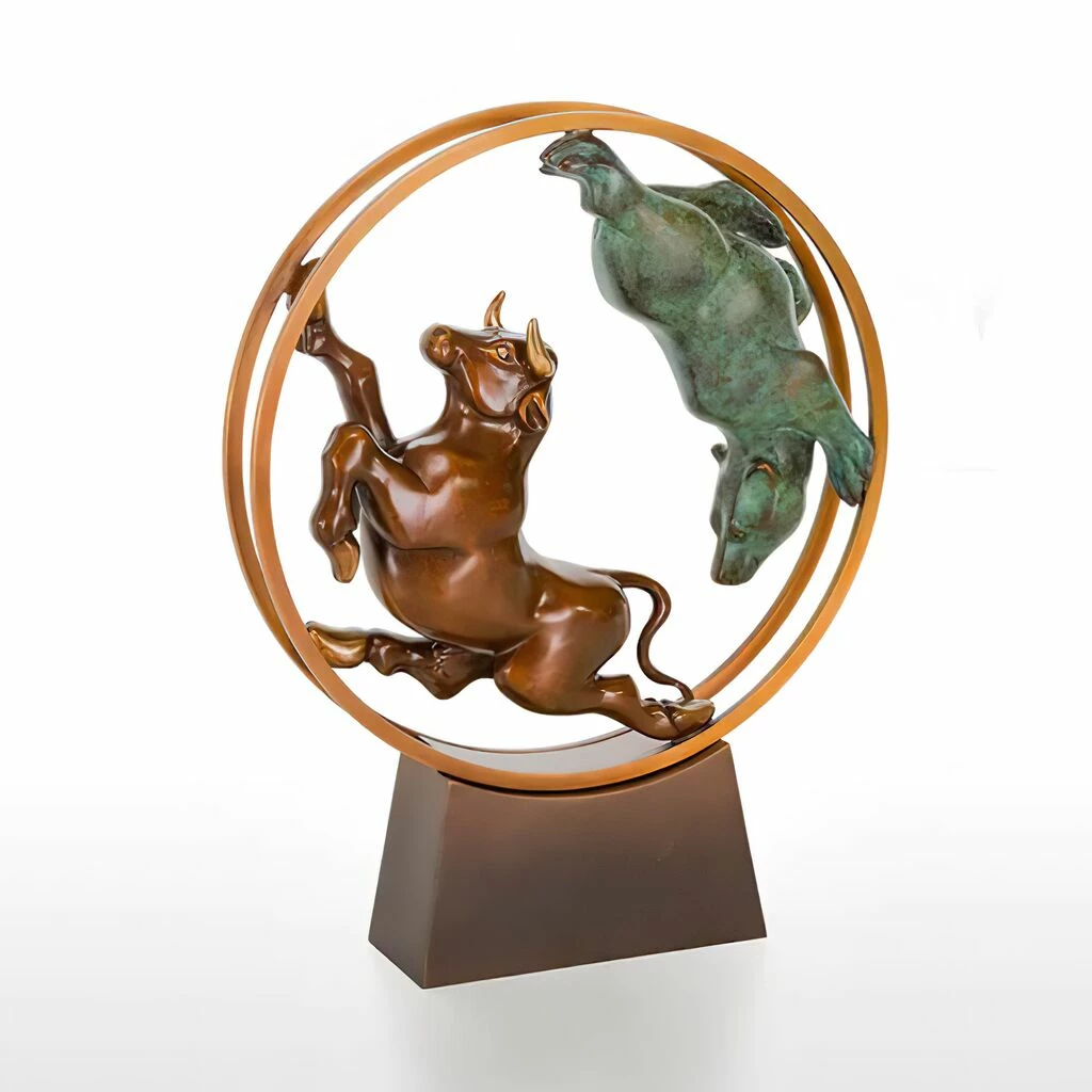 Tier Bronzeskulptur Aus Limitertem Handwerk - Bulle Und Bär Im Rad 3 Tier Bronzeskulptur Aus Limitertem Handwerk - Bulle Und Bär Im Rad